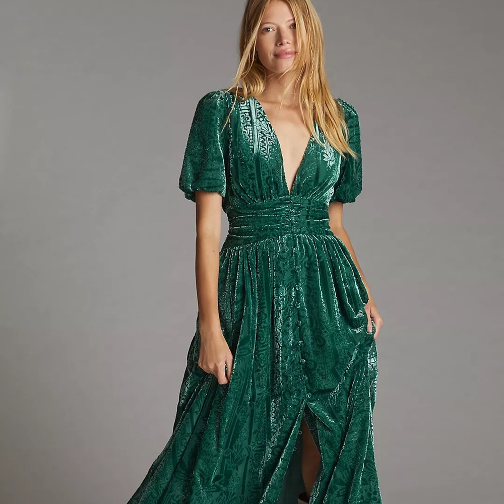 ANTHROPOLOGIE PUFF-SLEEVED BURNOUT VELVET MAXI SHIRT DRESS SZ 6